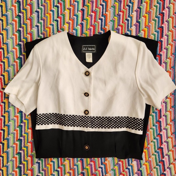 Vintage 80s Black & White Button-up Dress - Picture 4 of 6